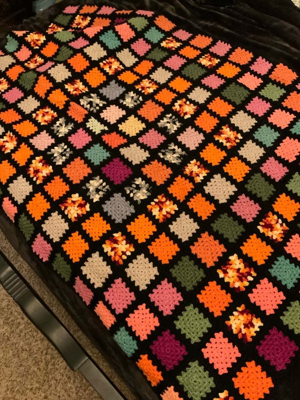 Handmade Crochet Granny Square Afghan Throw Blanket Black Multicolor